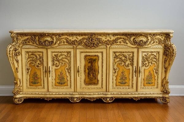 Buffet en enfilade de forme galbée Louis XV vénitien en bois laqué, peint et doré