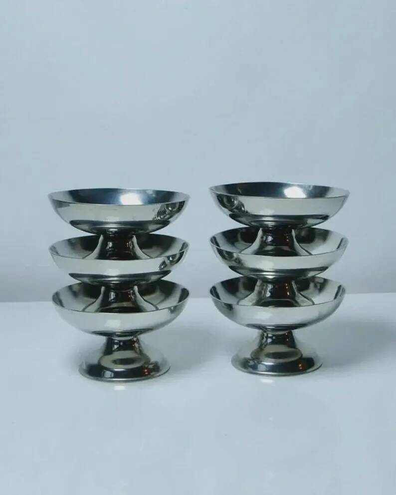 6 Vintage Stainless Steel Ice Cream Bowls | Antique Metal Sorbet Cups | Retro Design Ice Cream | Bistro Kitchen Table Decor | Gift Idea