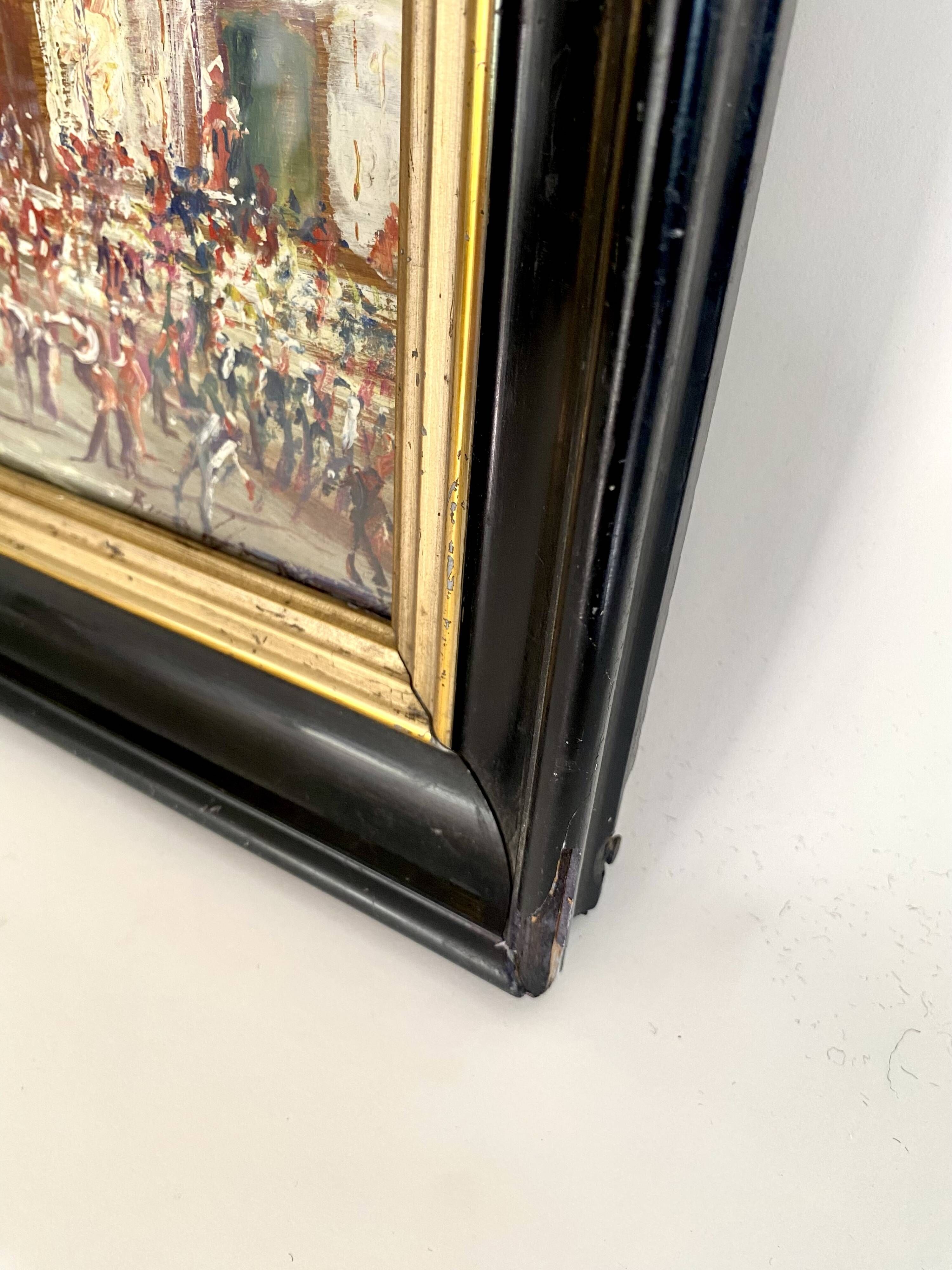 Oil painting "Sicilian Feast" in glass, 19th-century wooden frame.