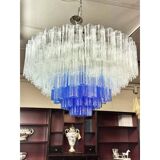 Large Transparent and Blue "Tronchi" Murano Glass Chandelier in Venini Styl