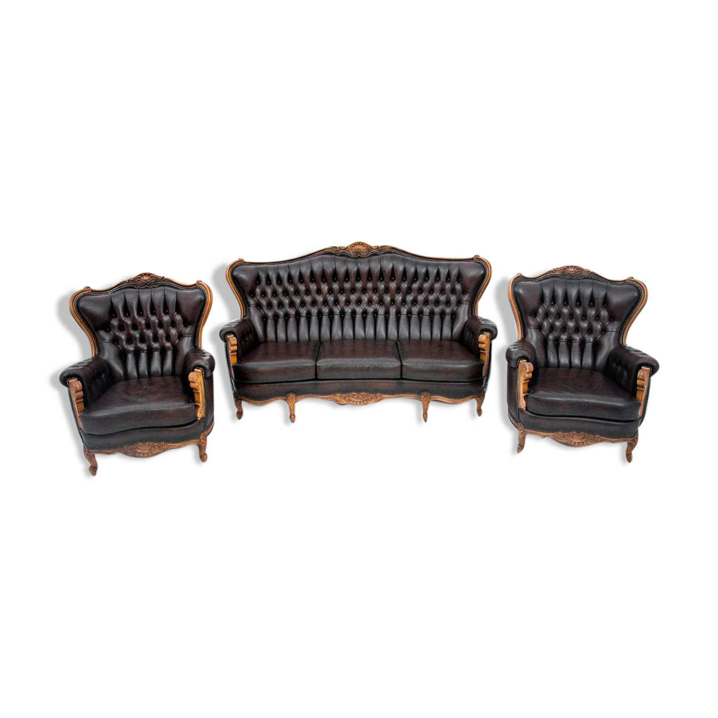 Deep buttoned brown leather salon set