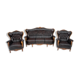 Deep buttoned brown leather salon set