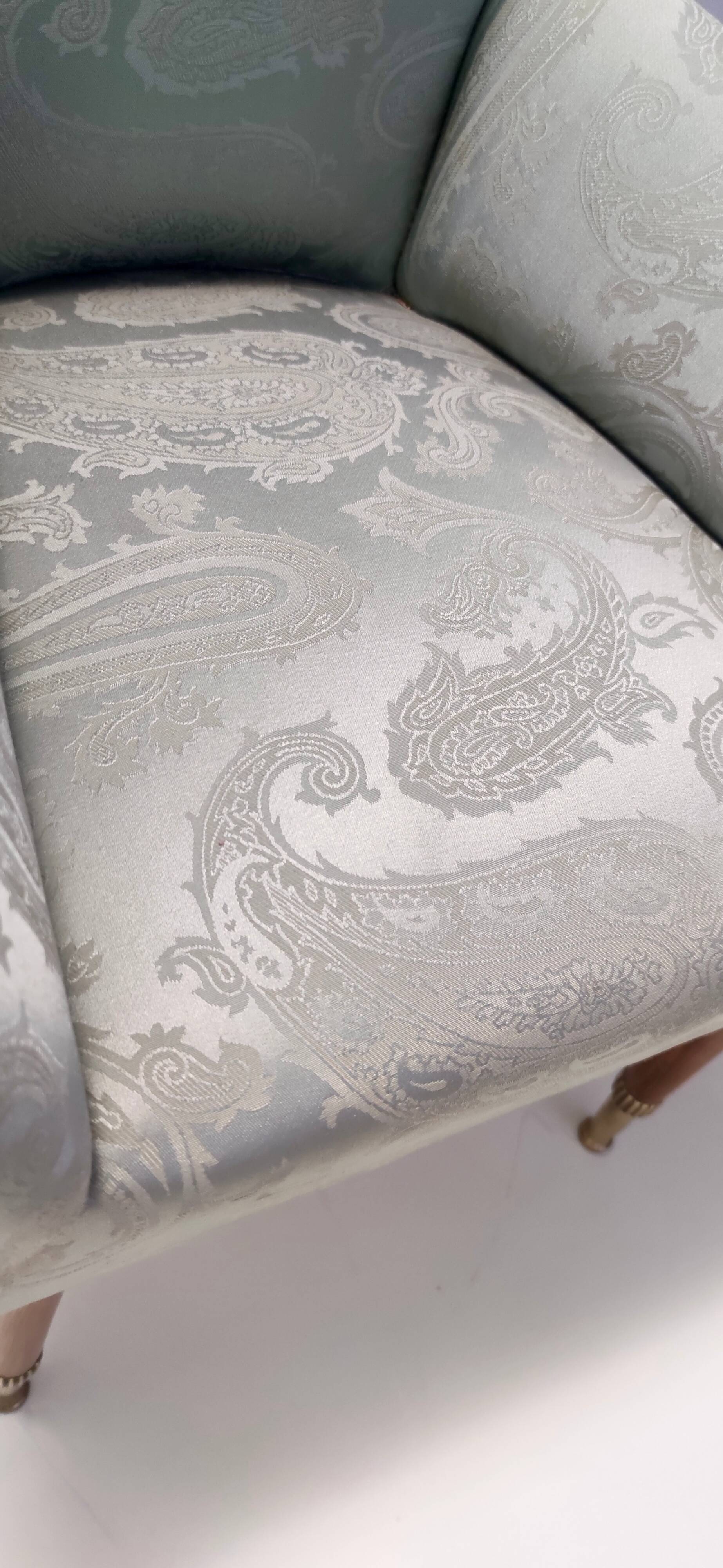 Pair of Grey Satin Lounge Chairs with Walnut Frame and Brass Feet Caps