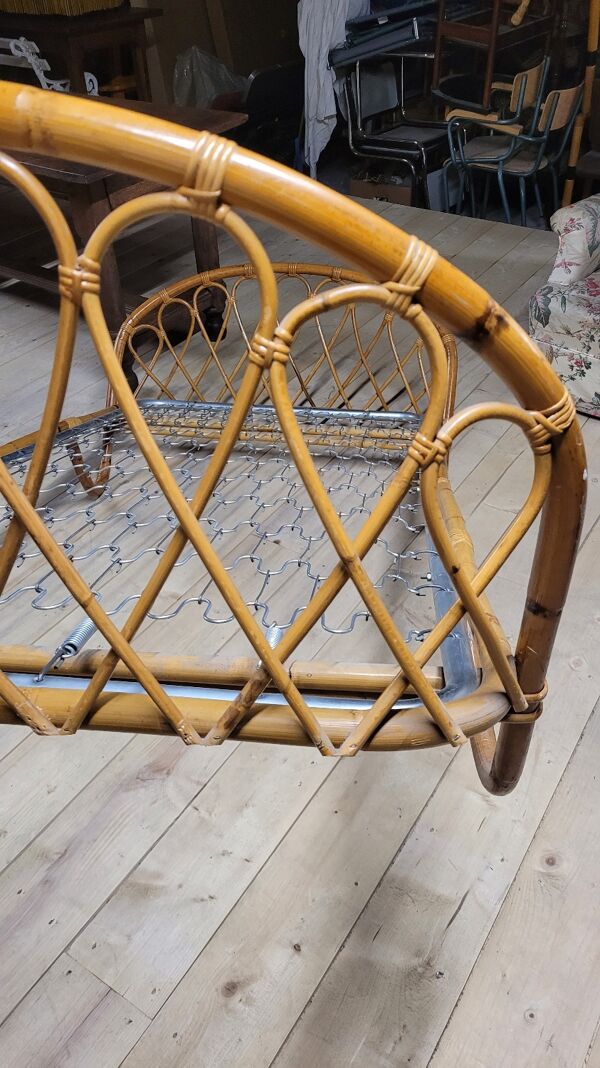Lit banquette corbeille en rotin vintage- 1950s