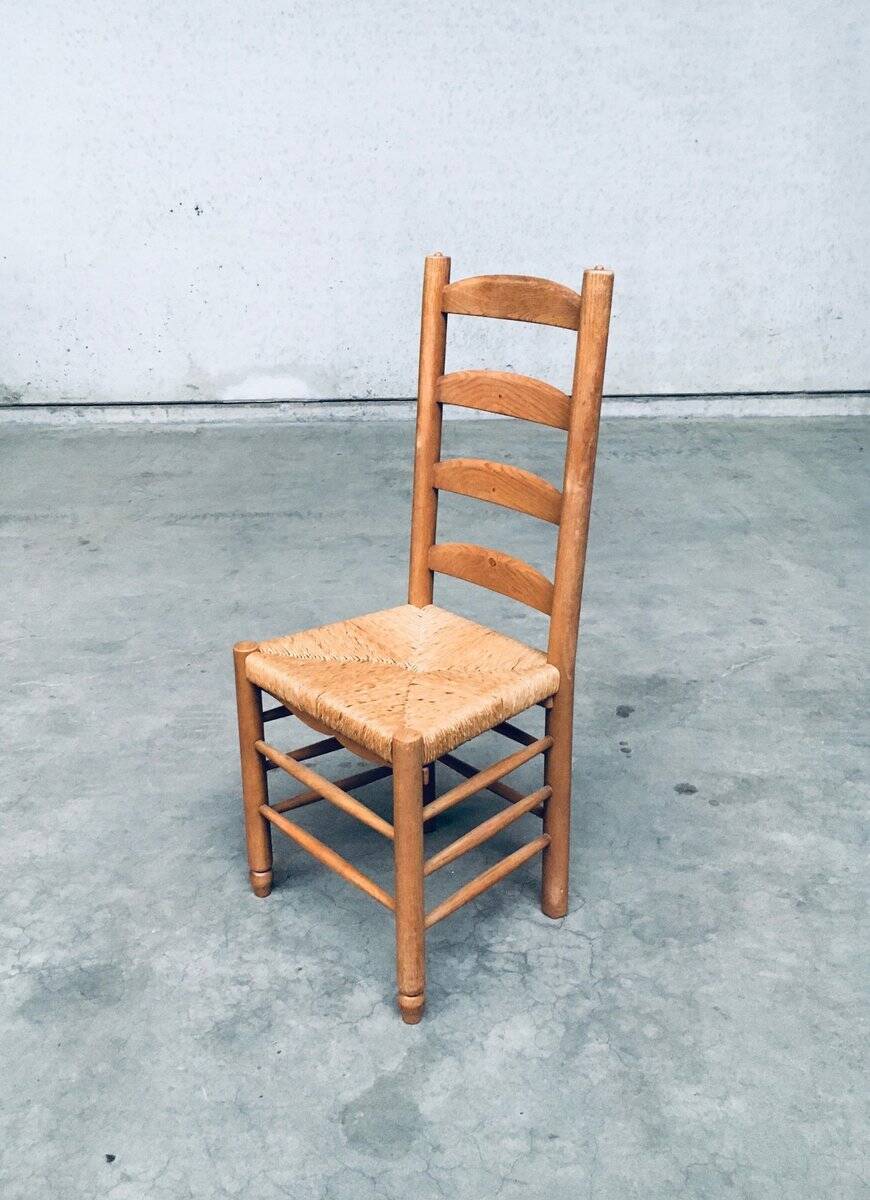 Rustic Oak and Rush High Ladder Back Dining Chairs, Belgium, 1950s, Set of 6