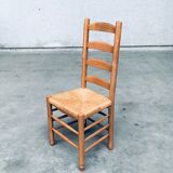 Rustic Oak and Rush High Ladder Back Dining Chairs, Belgium, 1950s, Set of 6