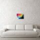 Acrylic painting on canvas in blue, pink, and yellow.