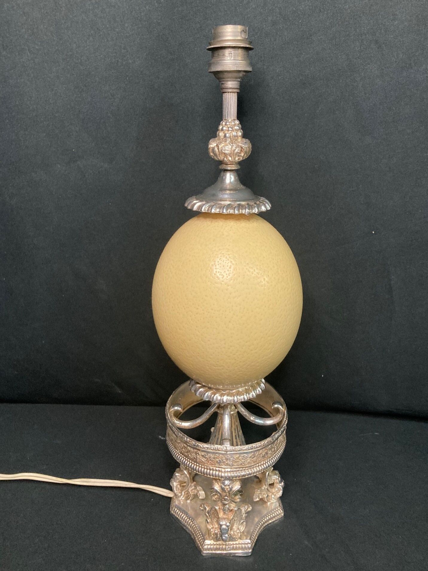 Old lamp foot silver metal and ostrich egg late nineteenth century