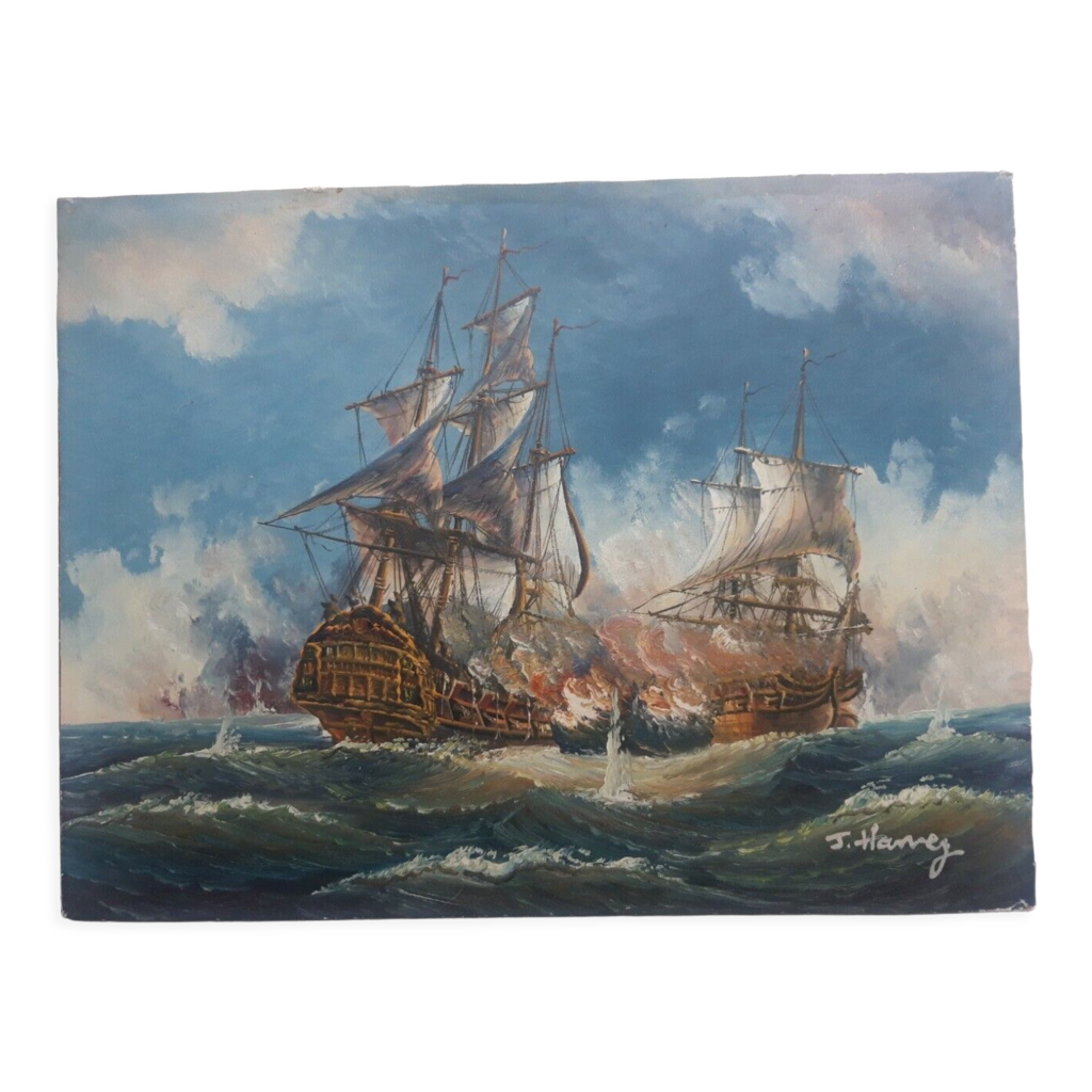 Tableau à L'huile Marine Signé T.Muller - Bateaux Paysage Marin Symbolisme - 21x40 Cm - Très Bon état