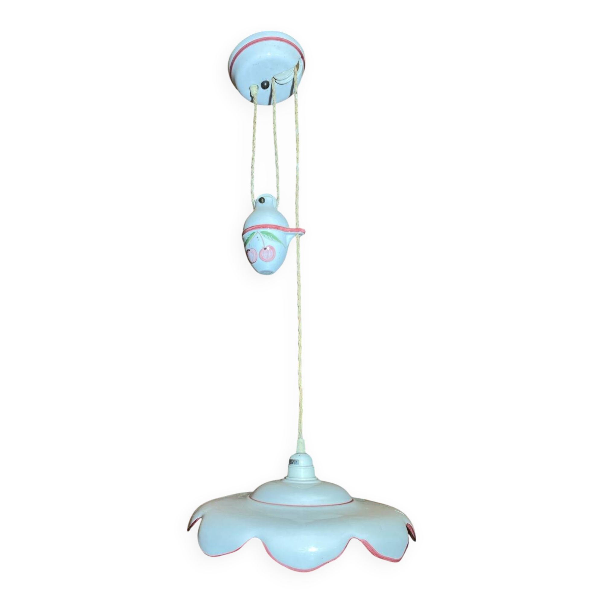 Antique Ceramic Up & Down Pendant Light with Vintage Flowers & Fruits Decor