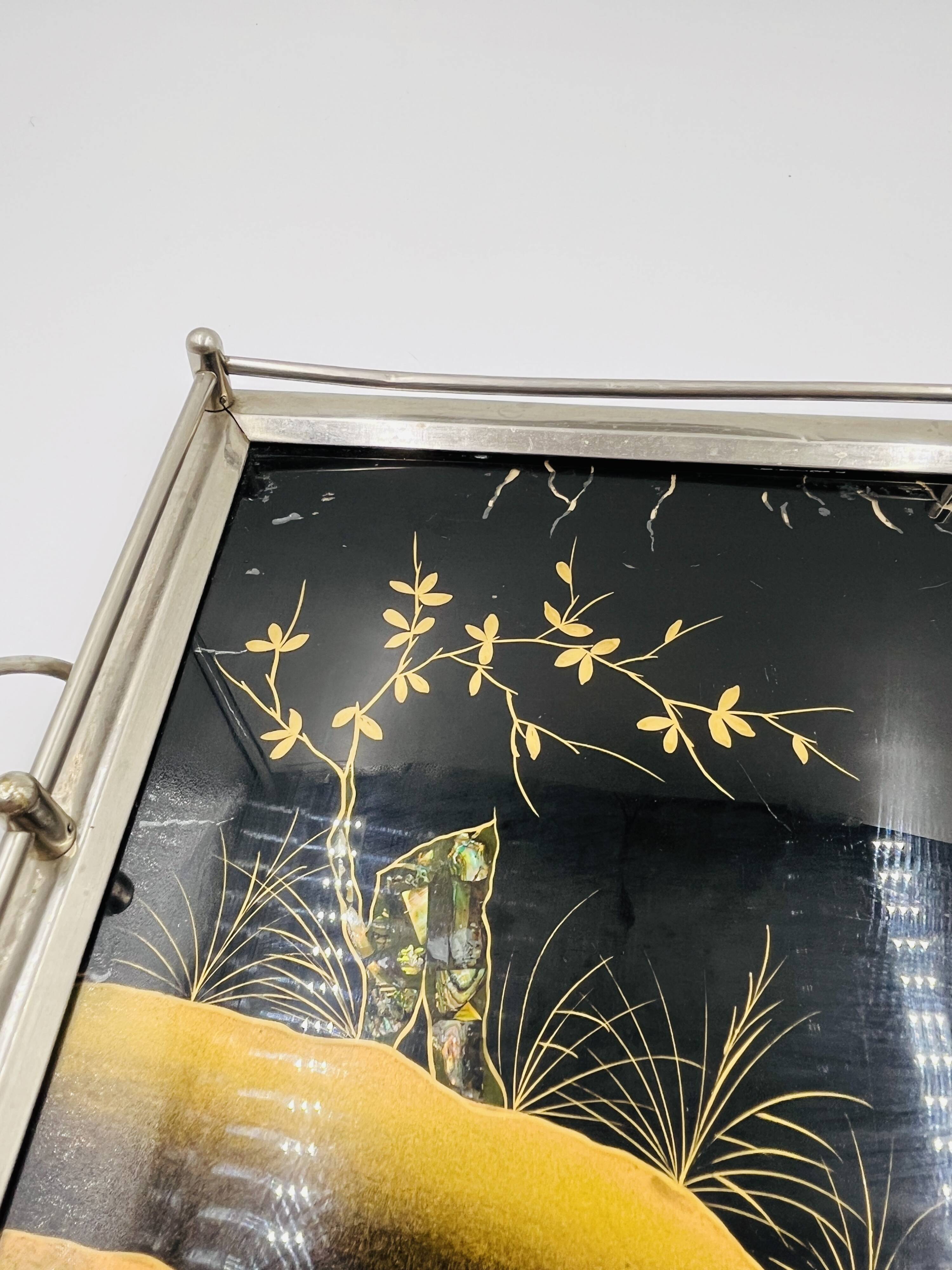 Plateau Art Déco en fixé sous verre et nacre