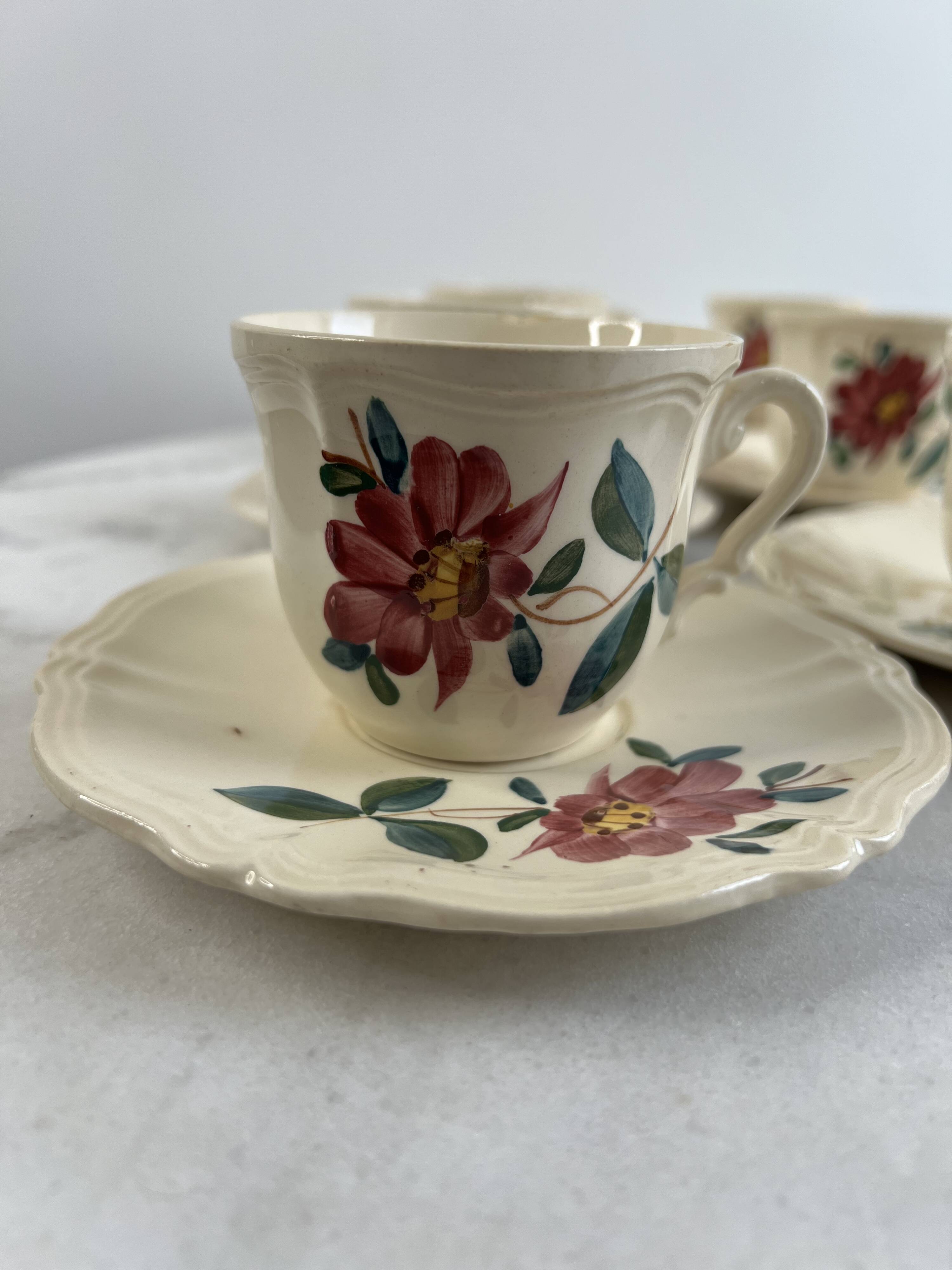 Set of 8 hand-painted coffee cups Sarreguemines Terre de fer