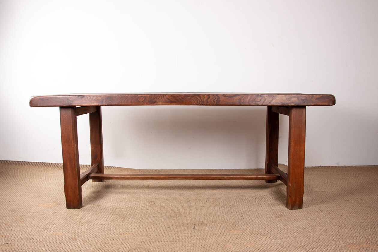 Large brutalist dining table in solid Elm, inspired by Olavi Hanninen, 1960.
