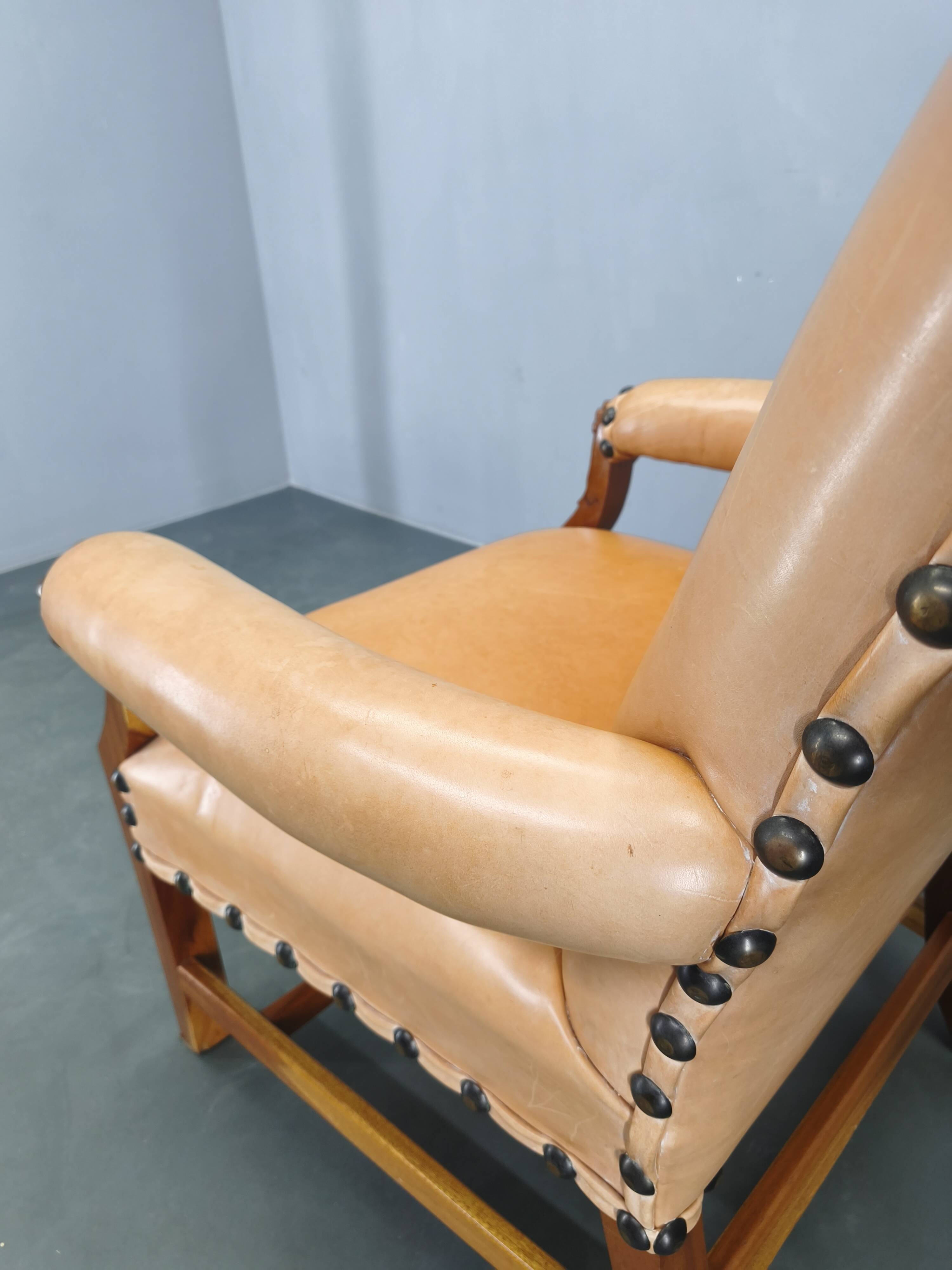 Antique Danish Leather Armchair Carved Wood Club Chair, Early 1900s