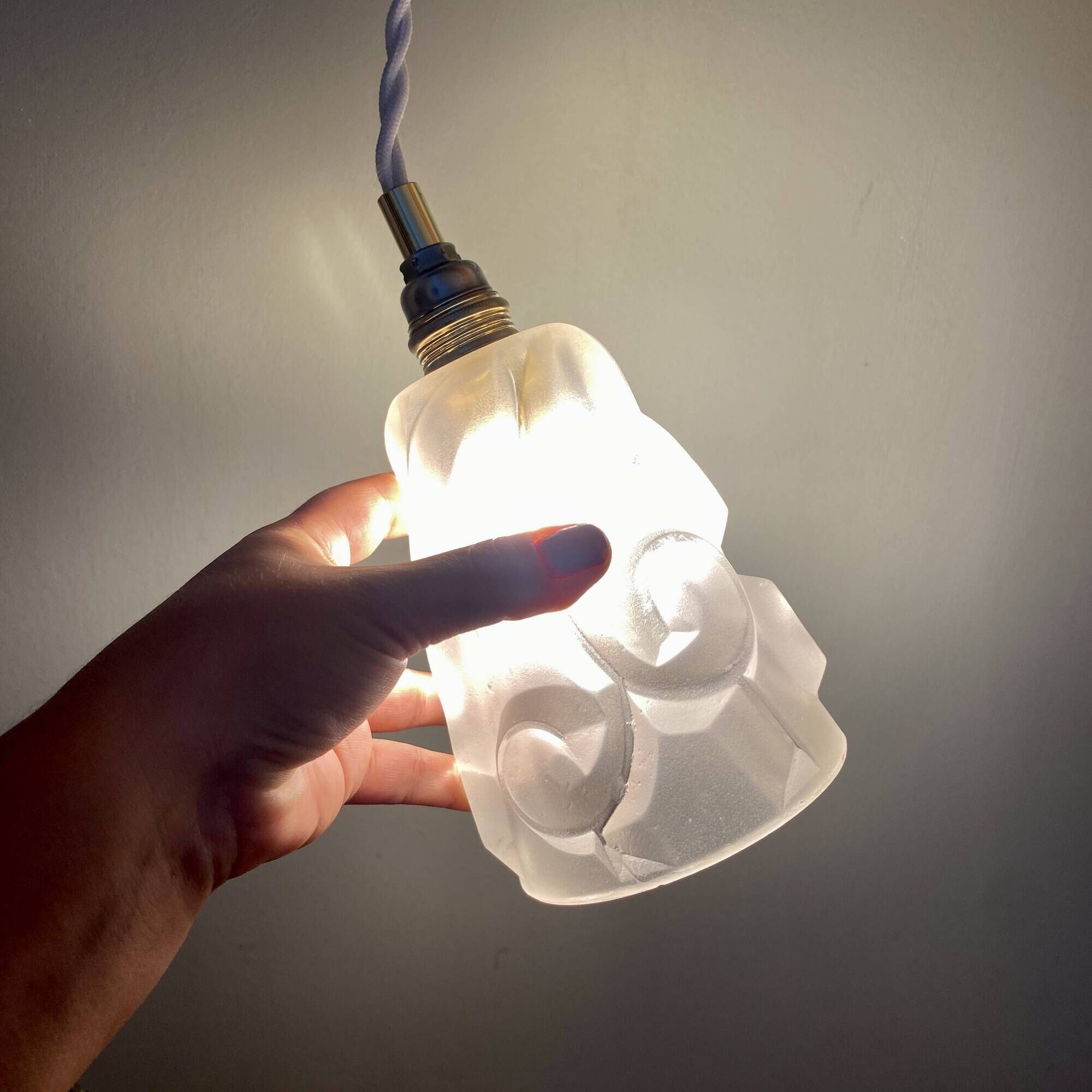 Vintage art deco tulip pendant light in frosted glass signed Degué