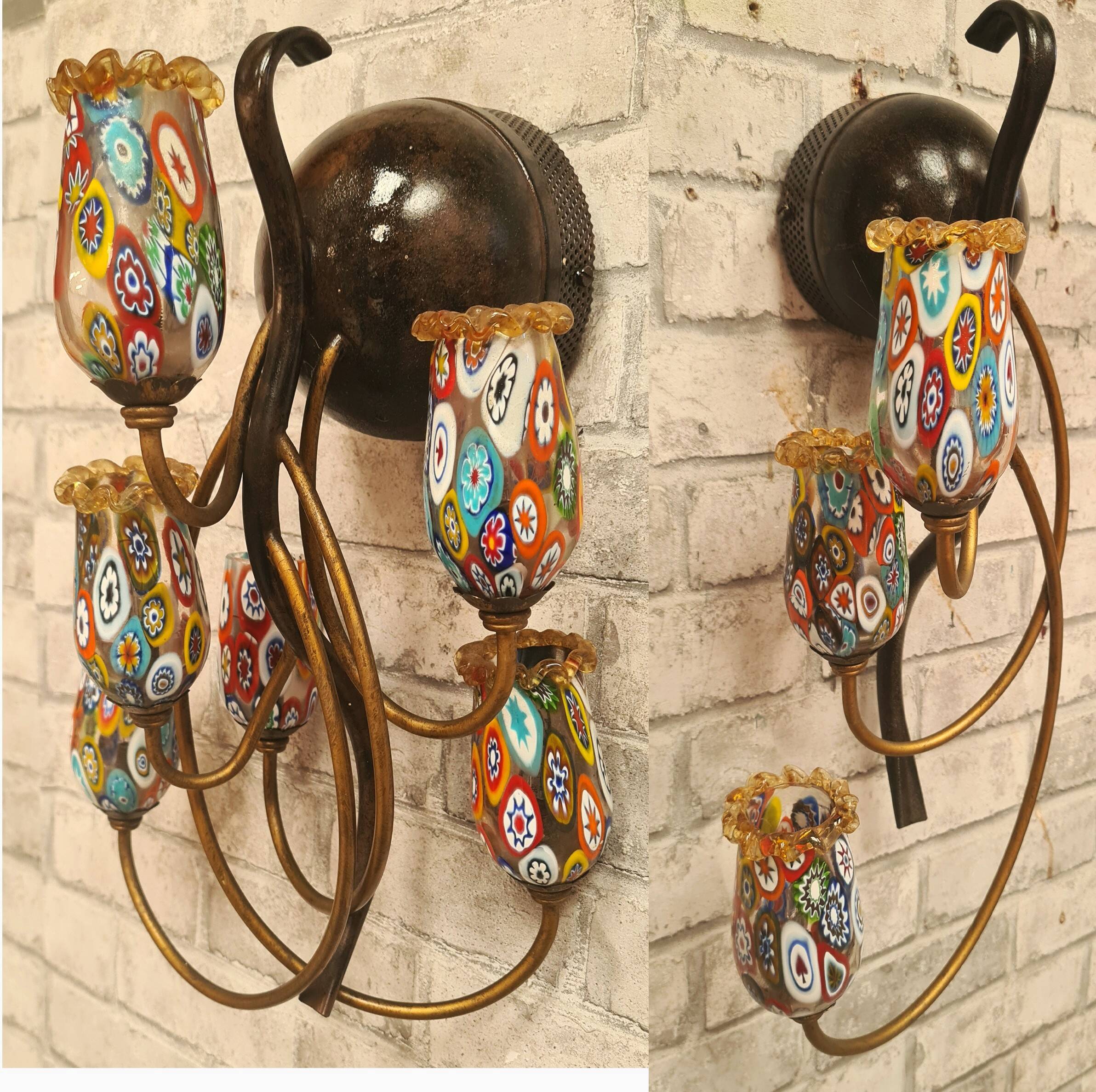 2 murano millefiori glass wall lights 40x25 1970 to 80s