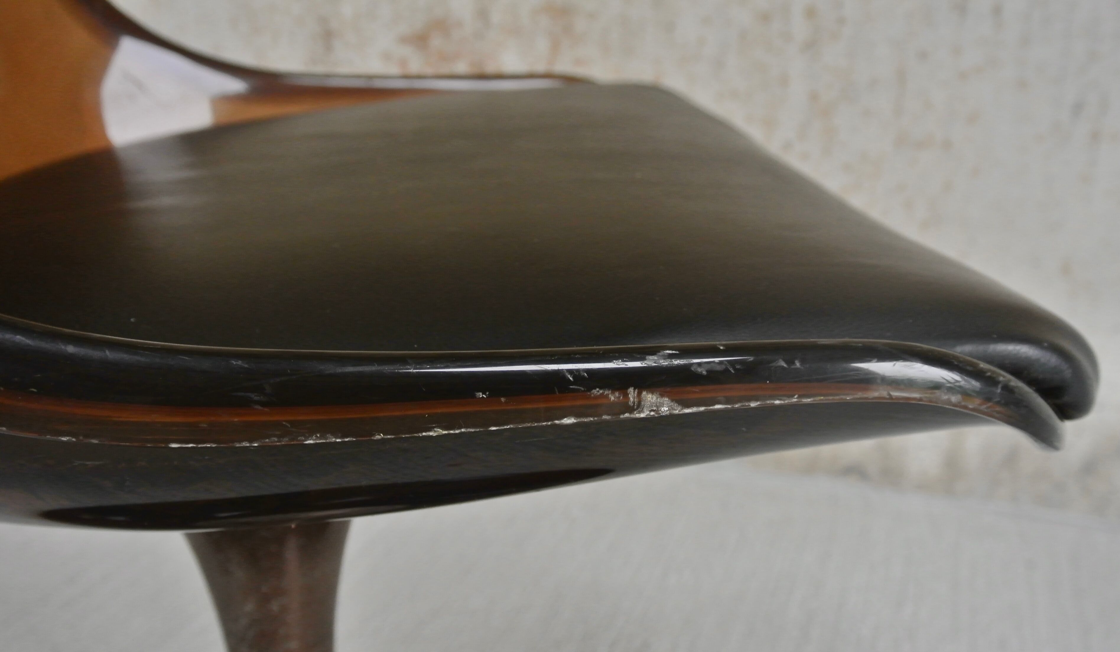 Four swivel chairs - metal base - smoked brown plexi shell - black skaï seat