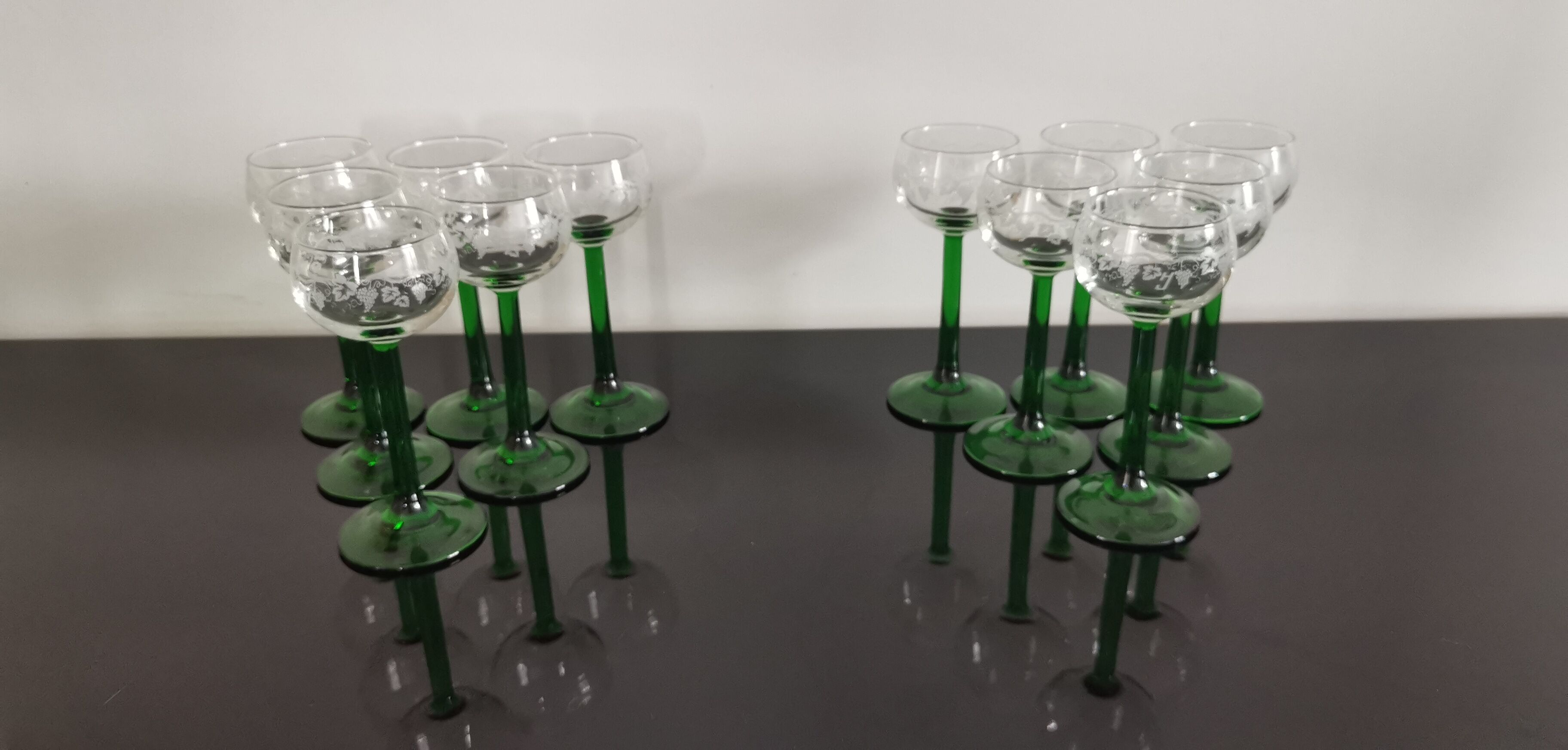 Vintage Alsace wine glasses with green feet decorations Bunches of Grapes and Vines HJ