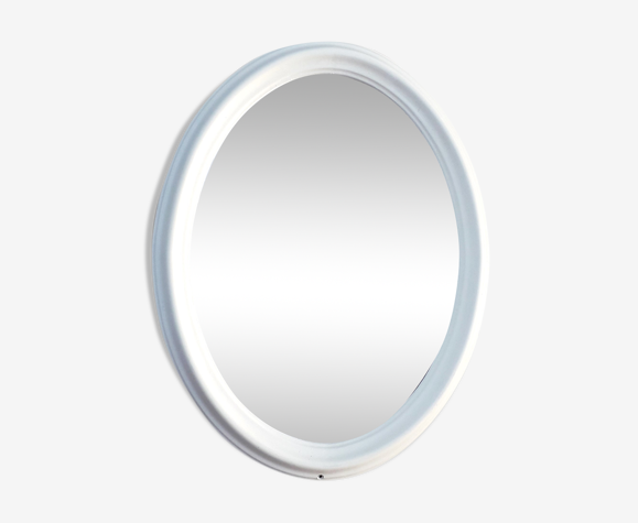 Ancien miroir ovale, cadre bois blanc - 1960
