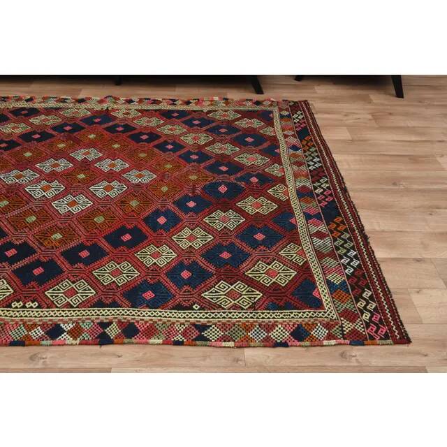 1970s Vintage Turkish Oushak Handmade Wool Cotton Red Kilim Rug 195x263