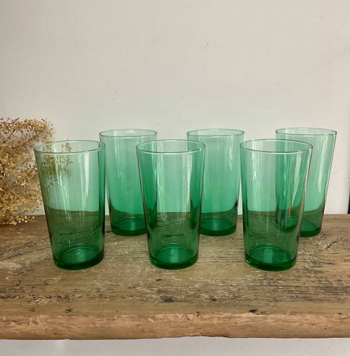 6 vintage emerald green glasses