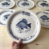 Set of 6 vintage GIEN France fish plates, flat plates with fishing decor