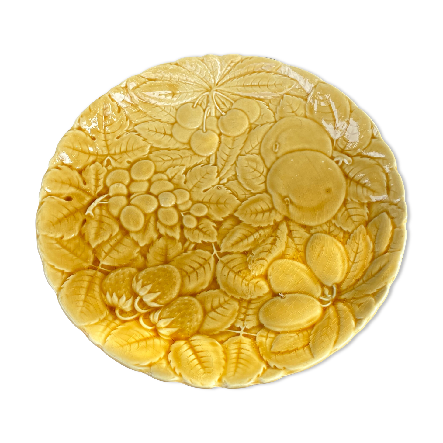 Round dish in Sarreguemines earthenware-Fruit decoration-60s