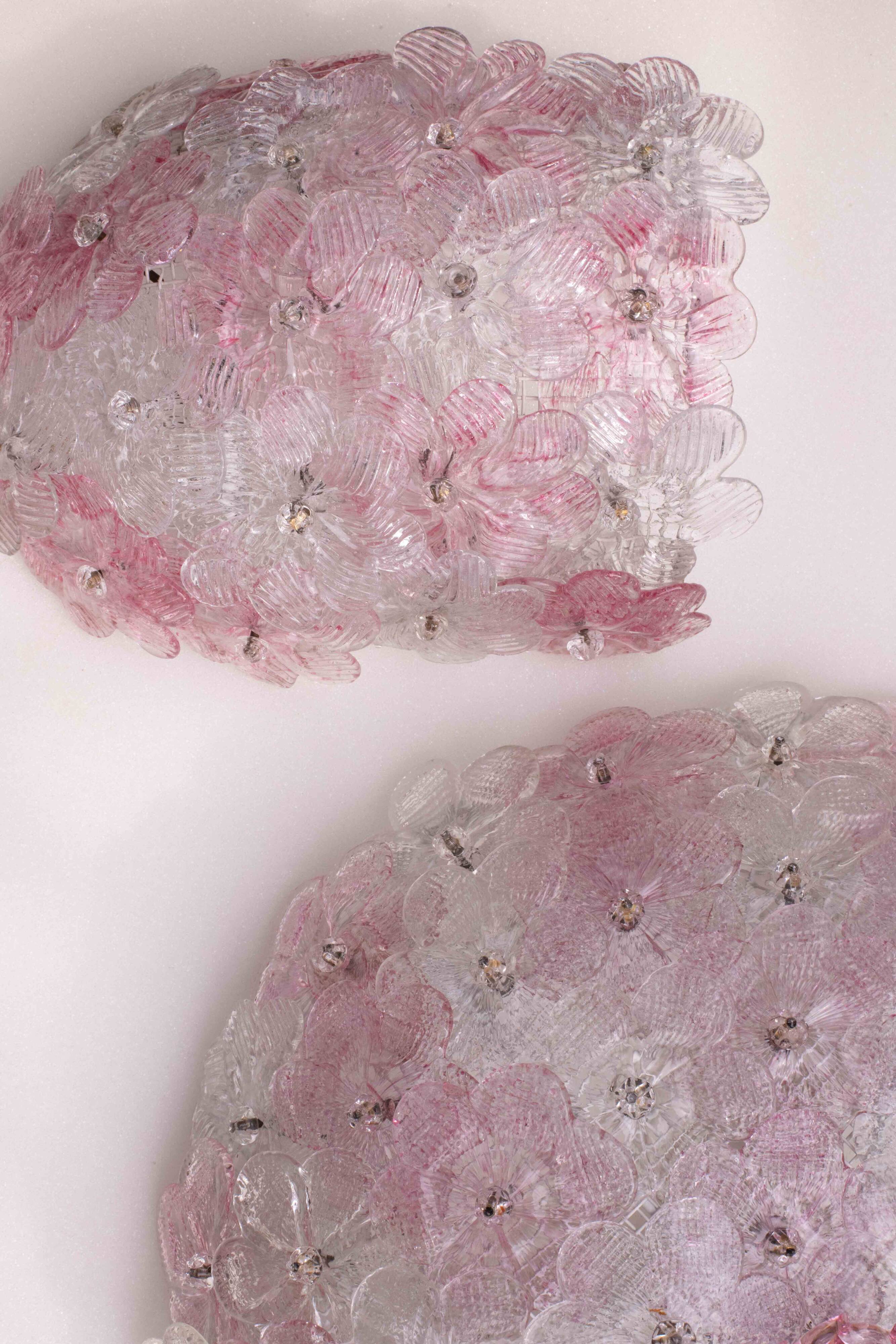 Set of Murano Ceiling Light and 2 Murano Wall Light Pink Flower by Seguso