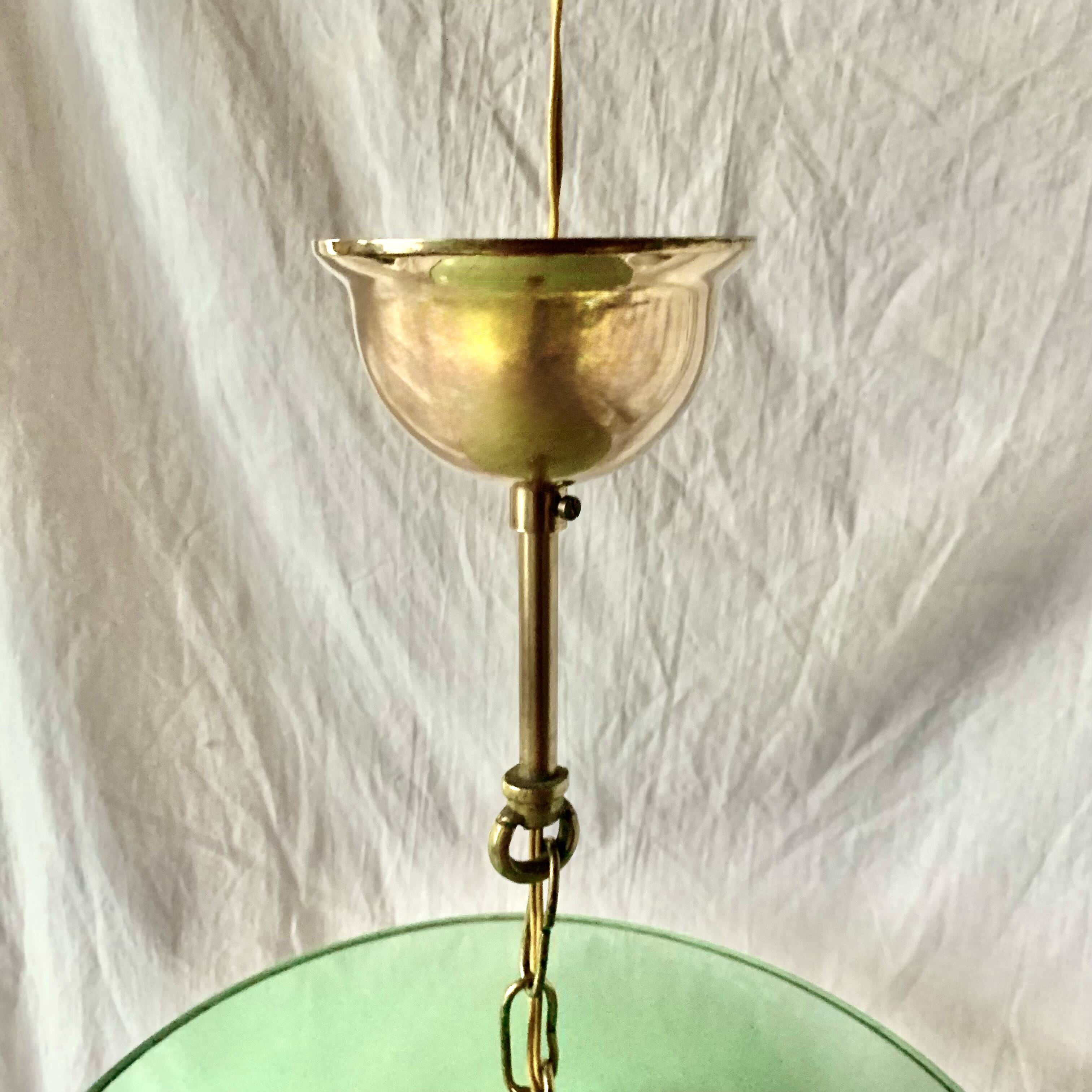 1950s pendant light in green lacquered metal and brass
