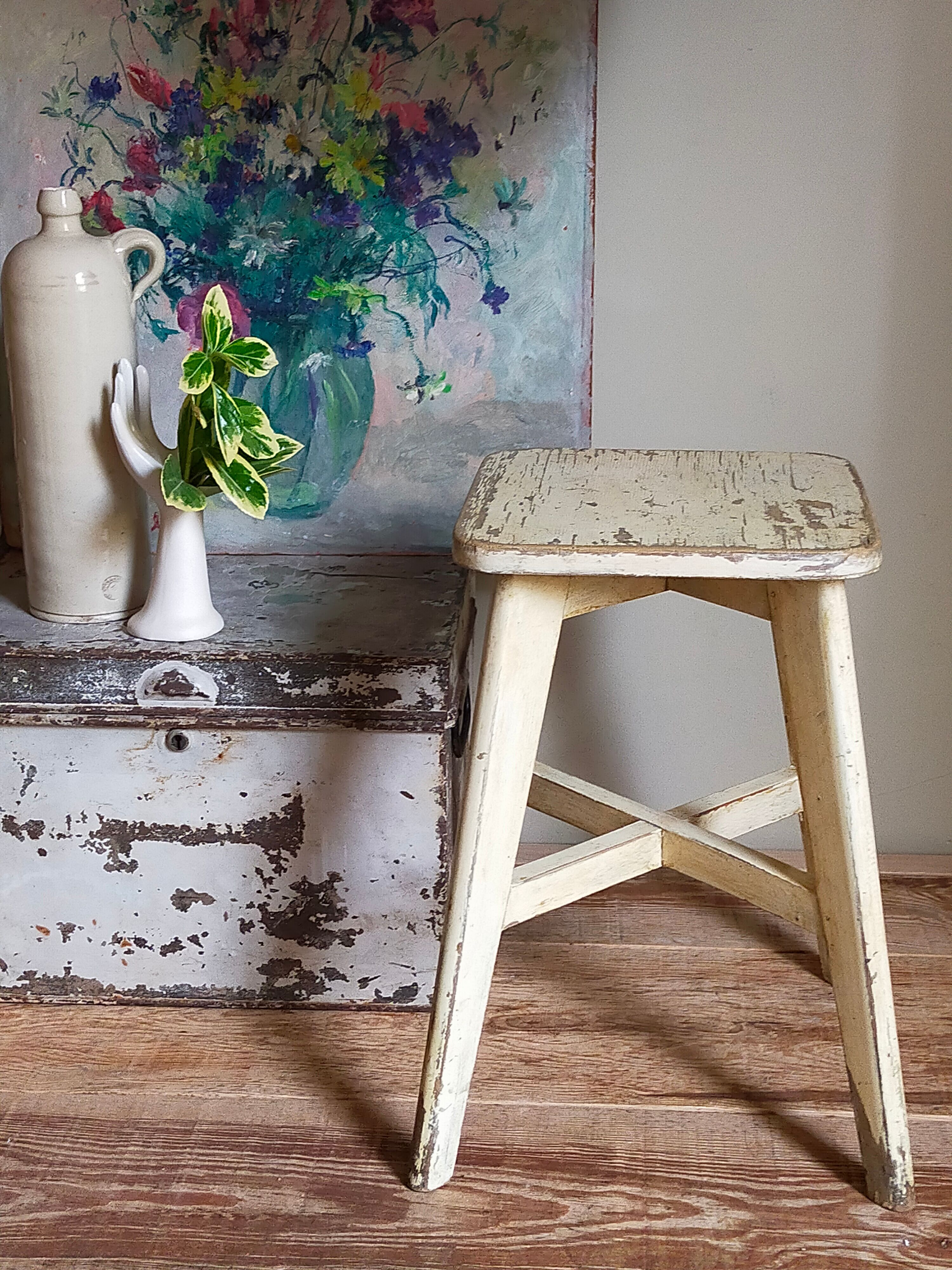 Old workshop stool in patinated solid wood