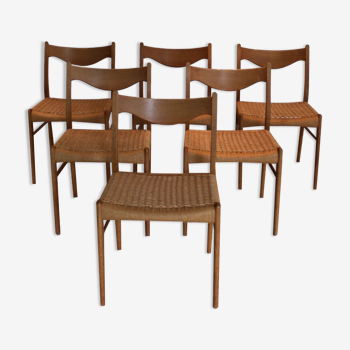 Set of 6 teak and rope chairs by Arne Wahl Iversen for Glyngøre Stolefabrik, 1960.