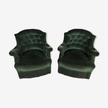 Pair of upholstered velvet toad armchairs fir green, Napoleon III