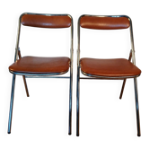 2 chaises pliantes vintage Souvignet en chrome et skaï marron, 1970