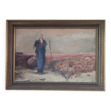 Oil on canvas by François Heigel, Blind woman walking through fields