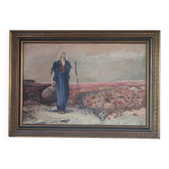 Oil on canvas by François Heigel, Blind woman walking through fields