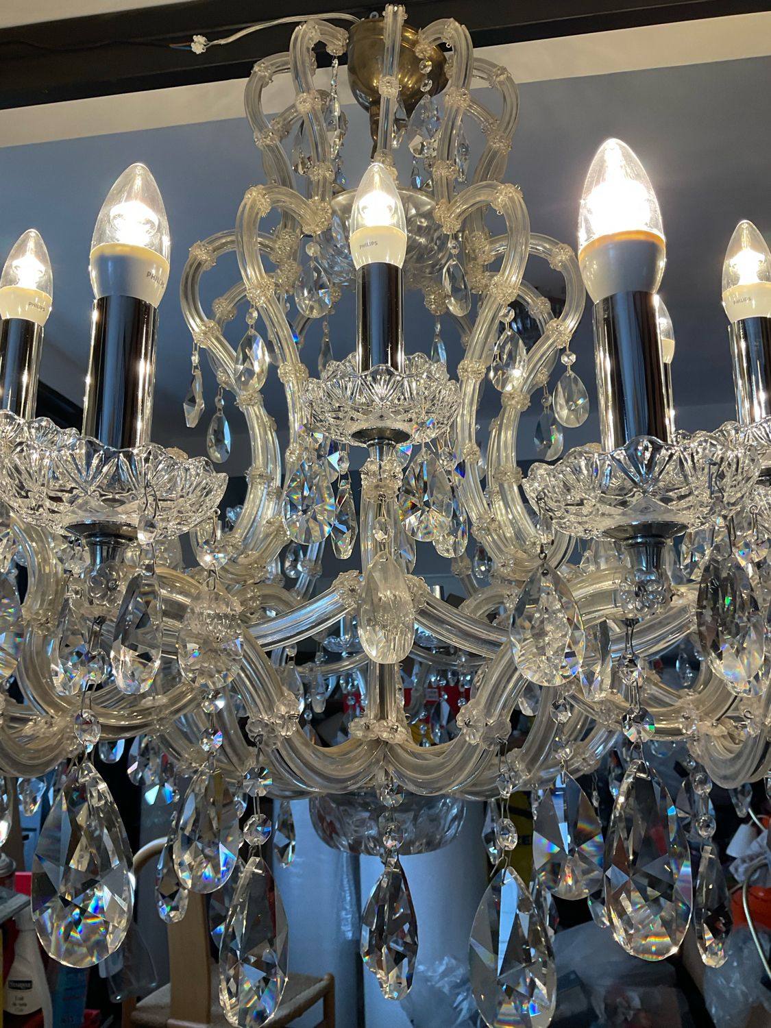 Chandelier 35 Murano glass lamps and crystal tassels D120cm