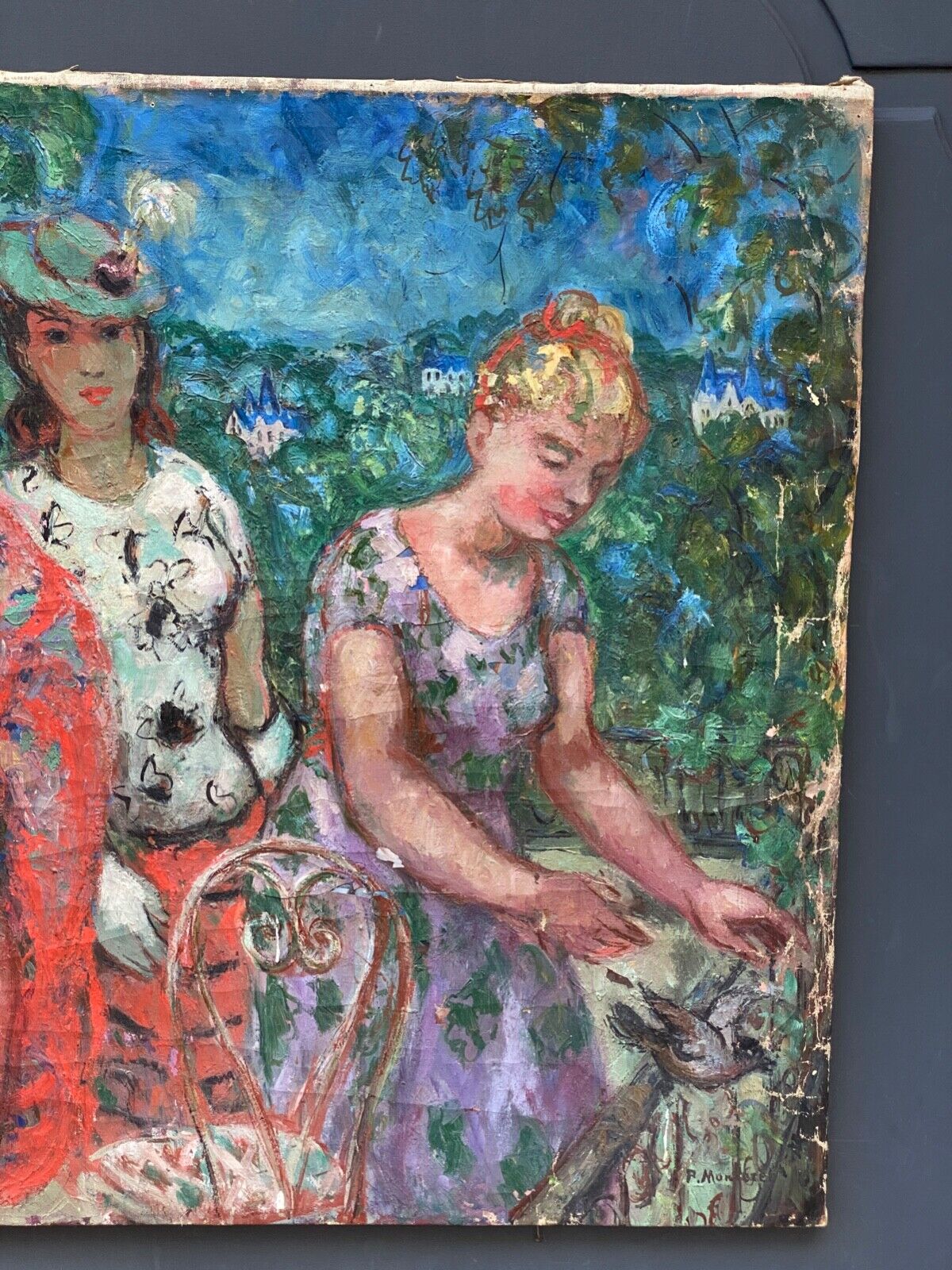 Oil on canvas by Pierre Monteret Three women twentieth