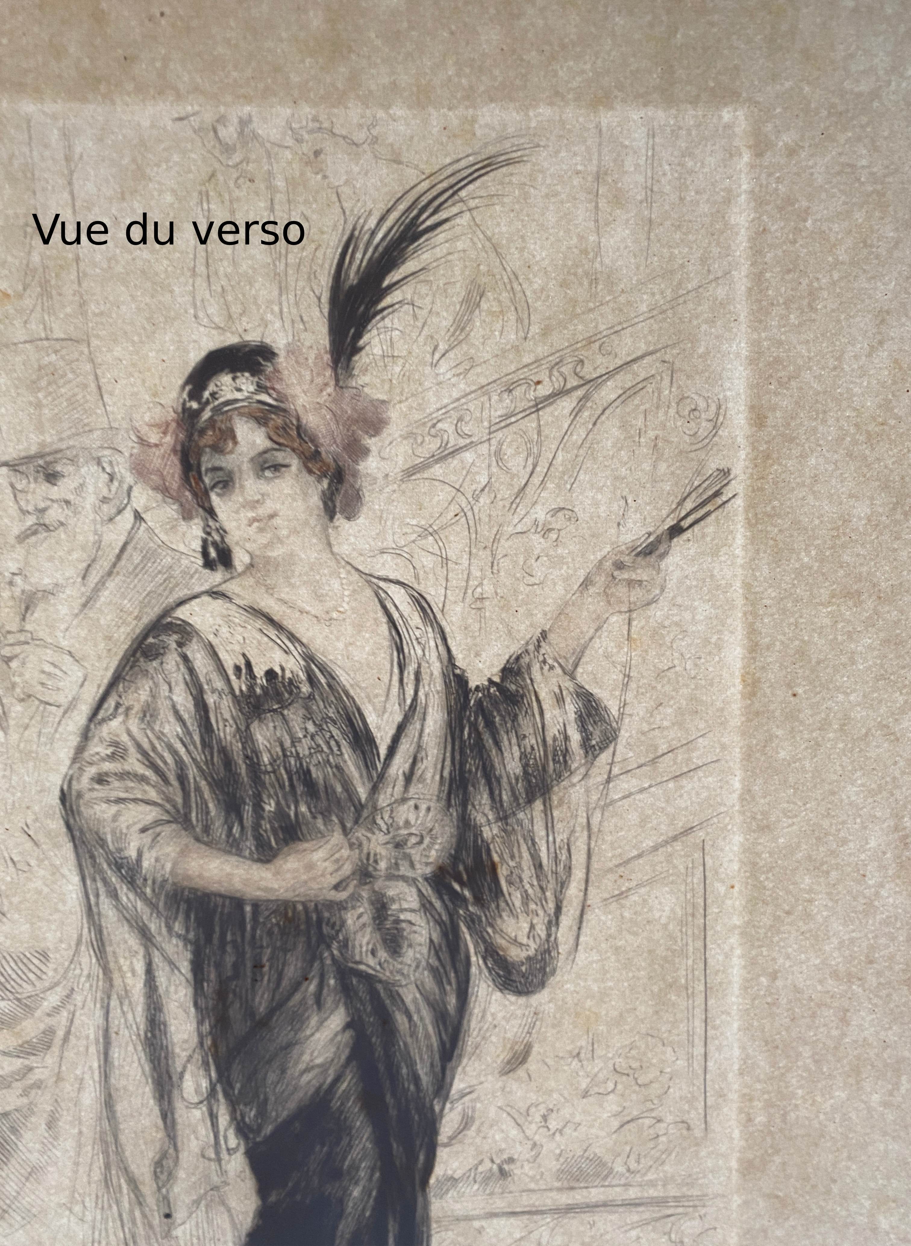 Table Color engraving "L'élégante" by Alméry LOBEL-RICHE (1880-1950)