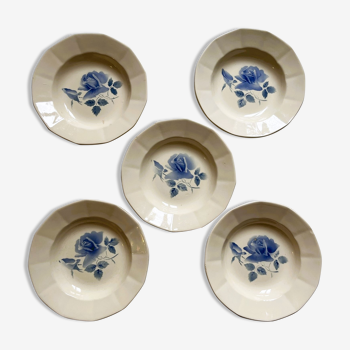 5 hollow plates in Digoin earthenware, blue rose decoration