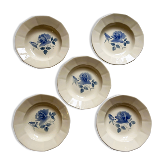 5 hollow plates in Digoin earthenware, blue rose decoration