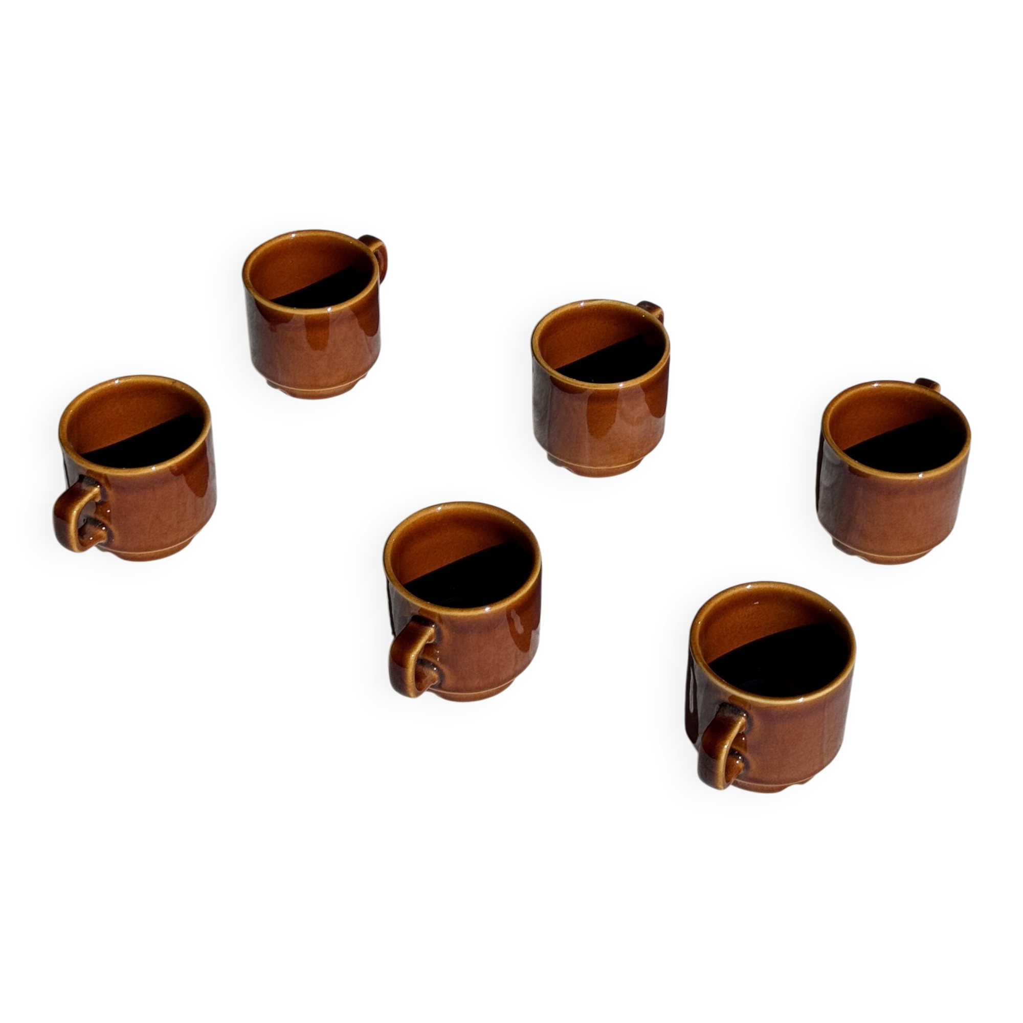 Set of 6 vintage brown glazed ceramic espresso cups with saucers.