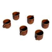 Set of 6 vintage brown glazed ceramic espresso cups with saucers.