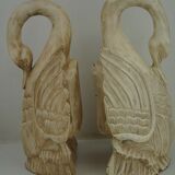 Two wall lamps in carved and lacquered cream wood, representing swans