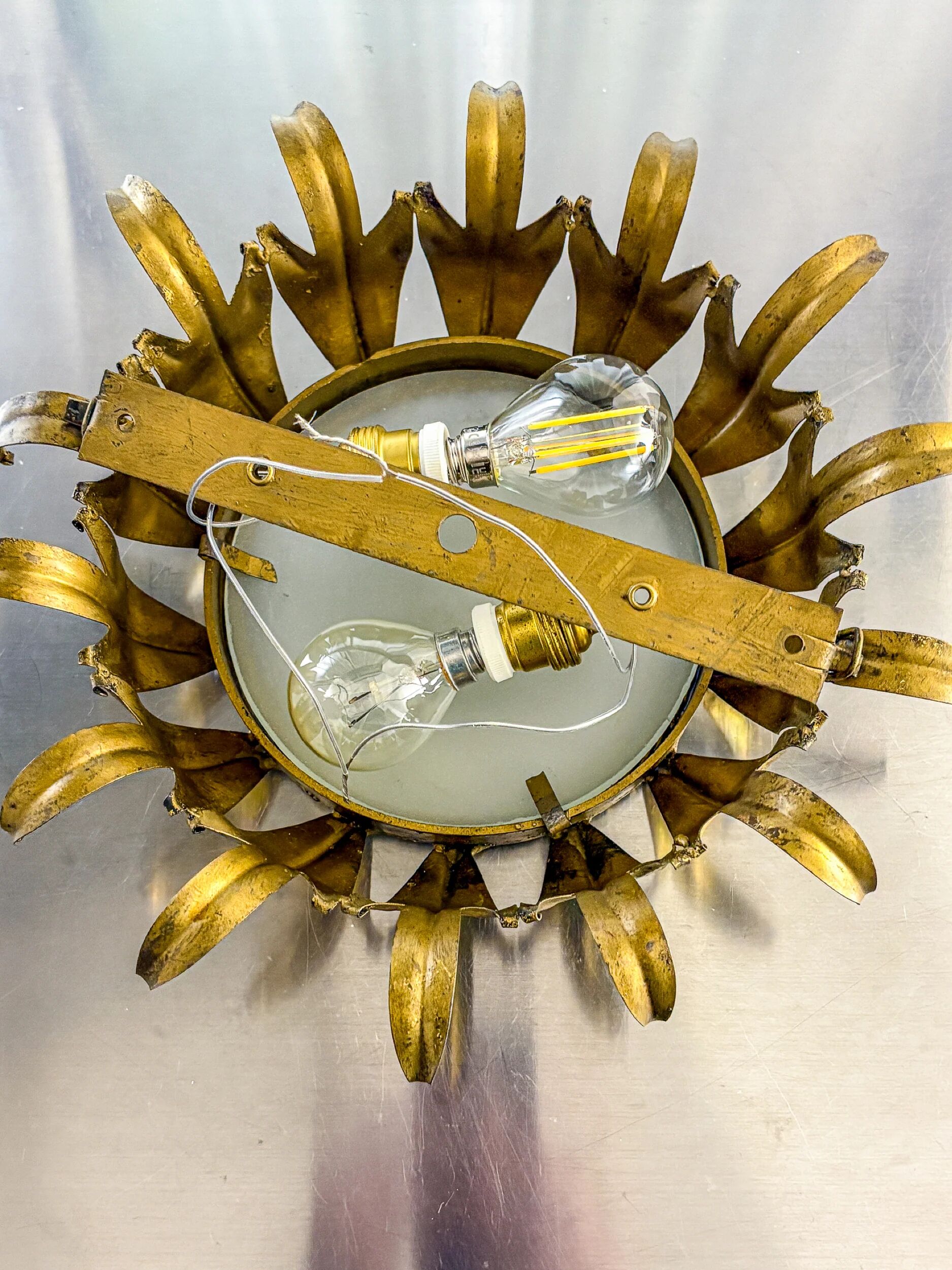Spanish crown sunburst fixture in gilt metal and frosted glass, 1950s
