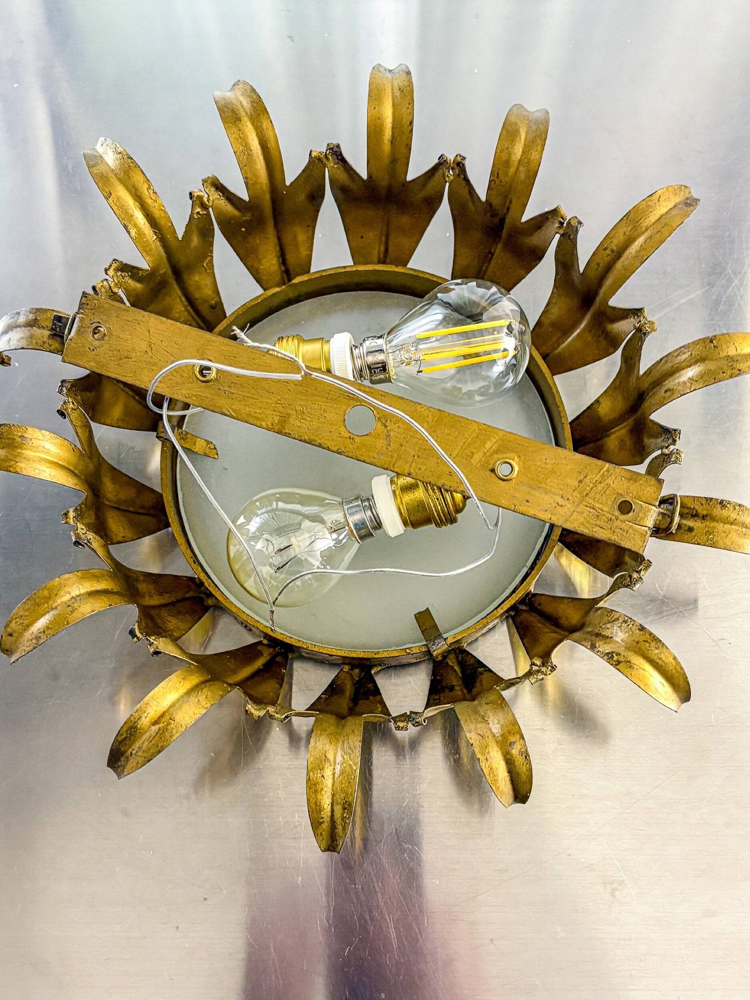 Spanish crown sunburst fixture in gilt metal and frosted glass, 1950s