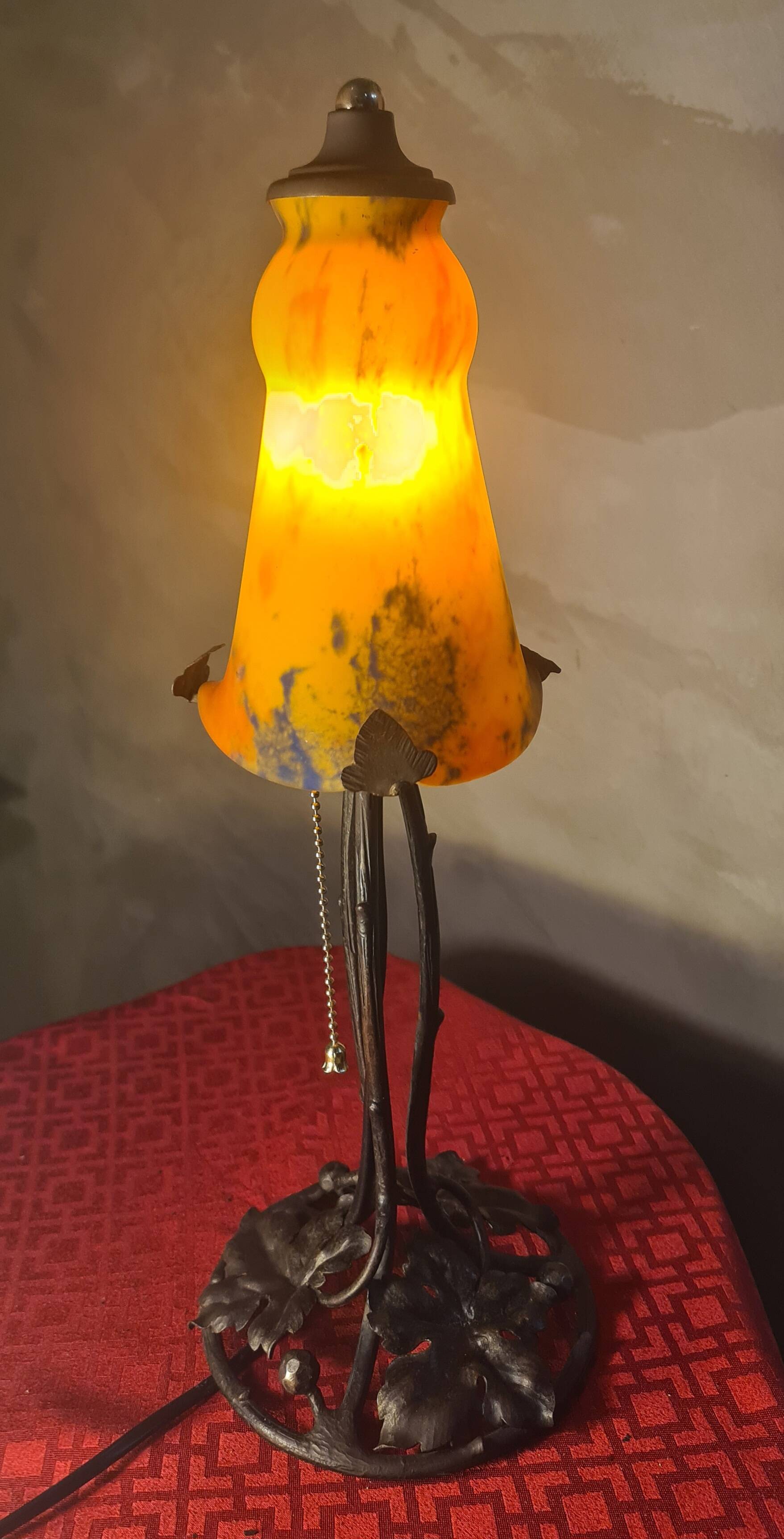 antique wrought iron lamp from 1900 at 40 with a very large glass paste shade 45