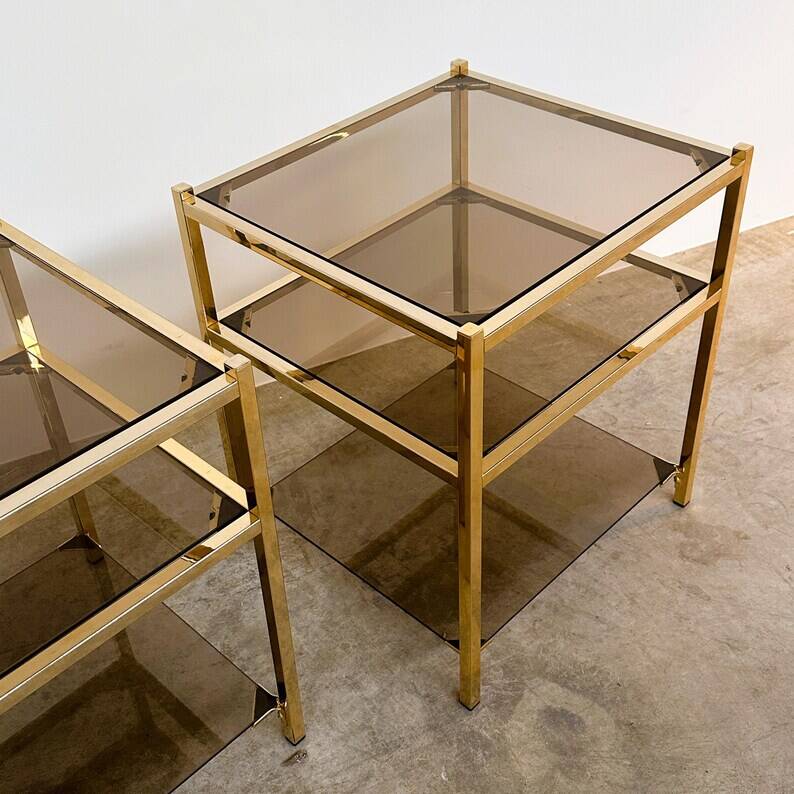 Pair of Vintage Three-Level Tables in Brass and Smoked Glass, 1970s