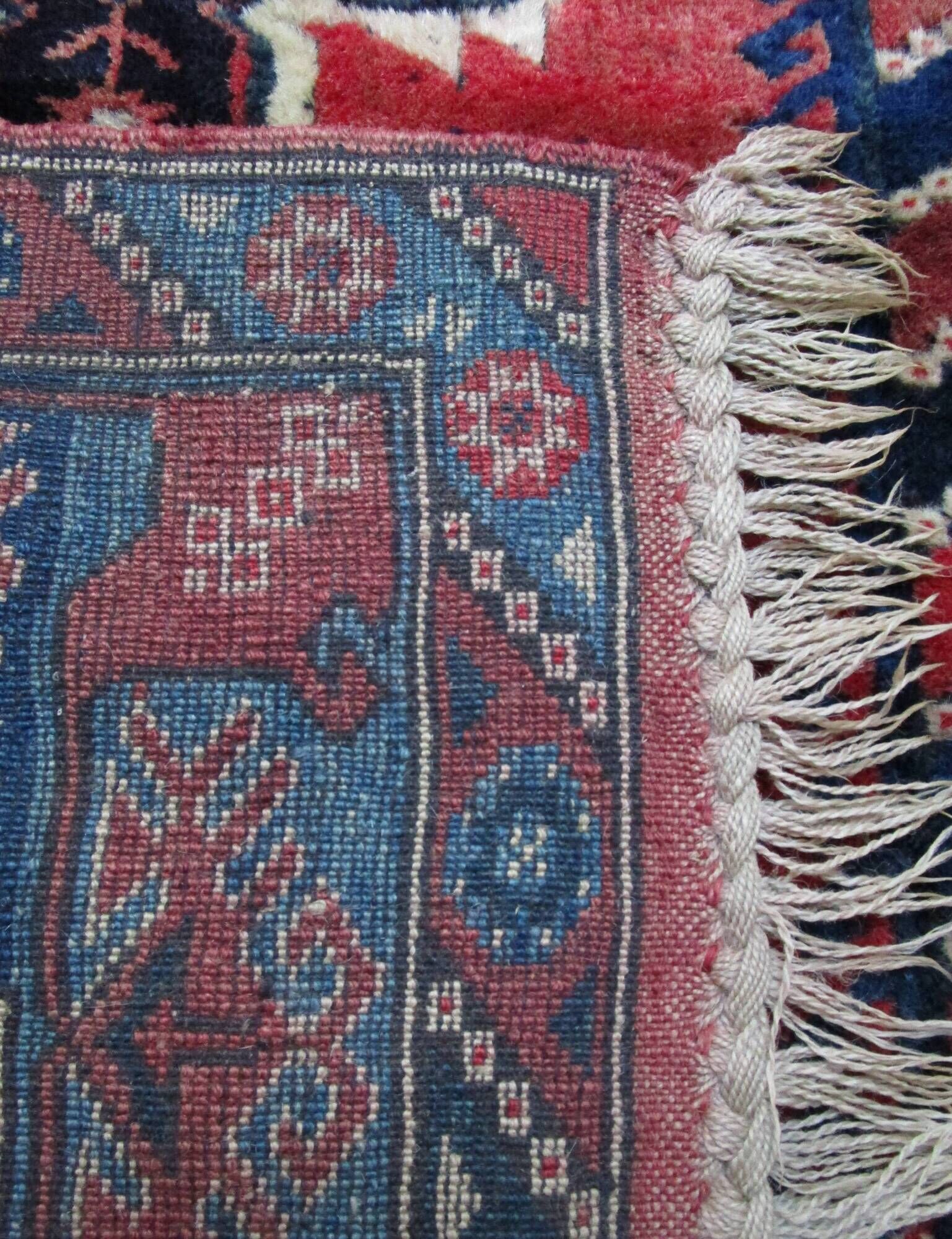 Carpet point knotted velvet wool blue red white 124 cm x 202 cm vintage