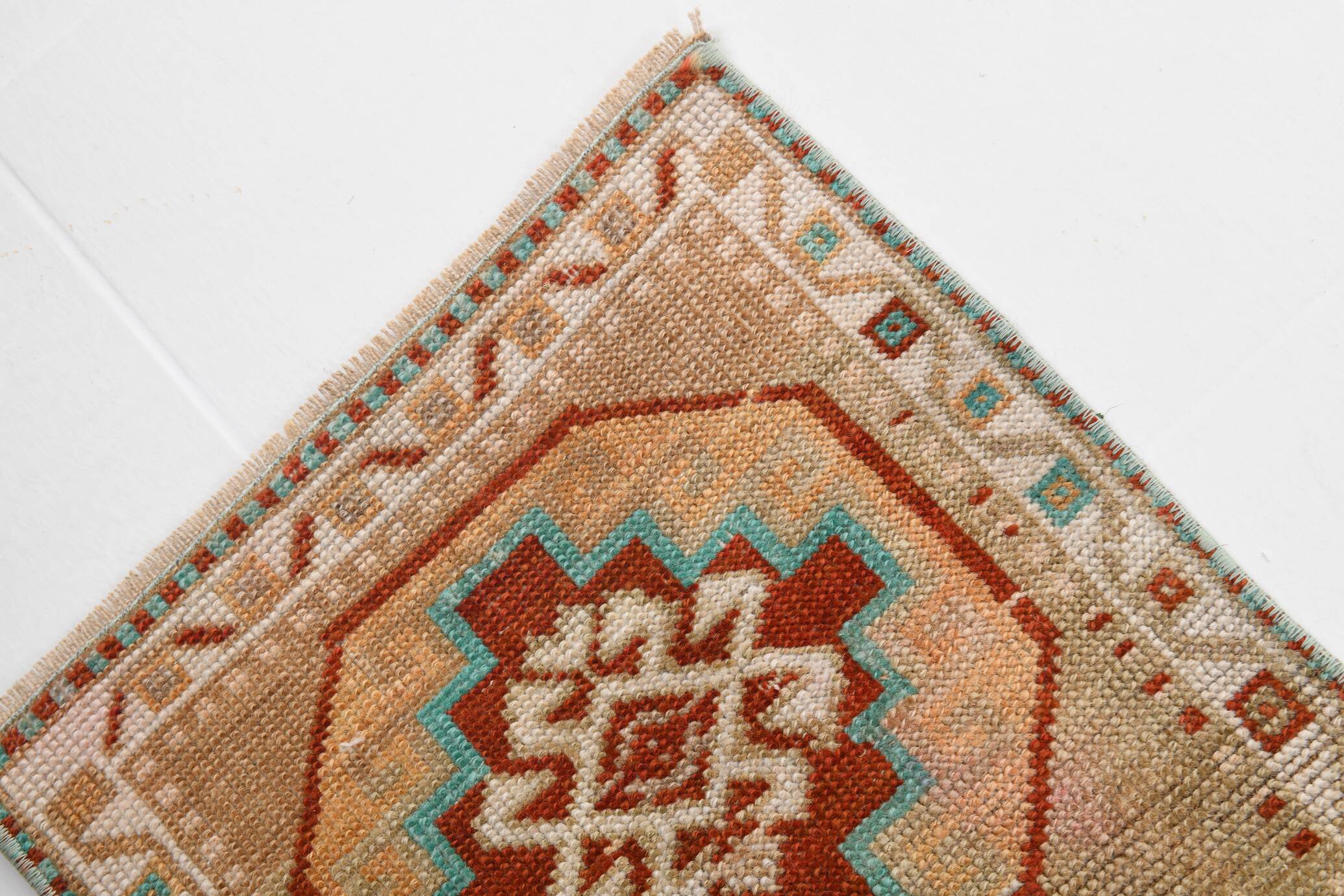Beige & Red Small Size Vintage Wool Rug, Turkish Doormat Rug