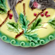 Art Deco slip plate yellow background Sarreguemines: 2 Birds pecking holly